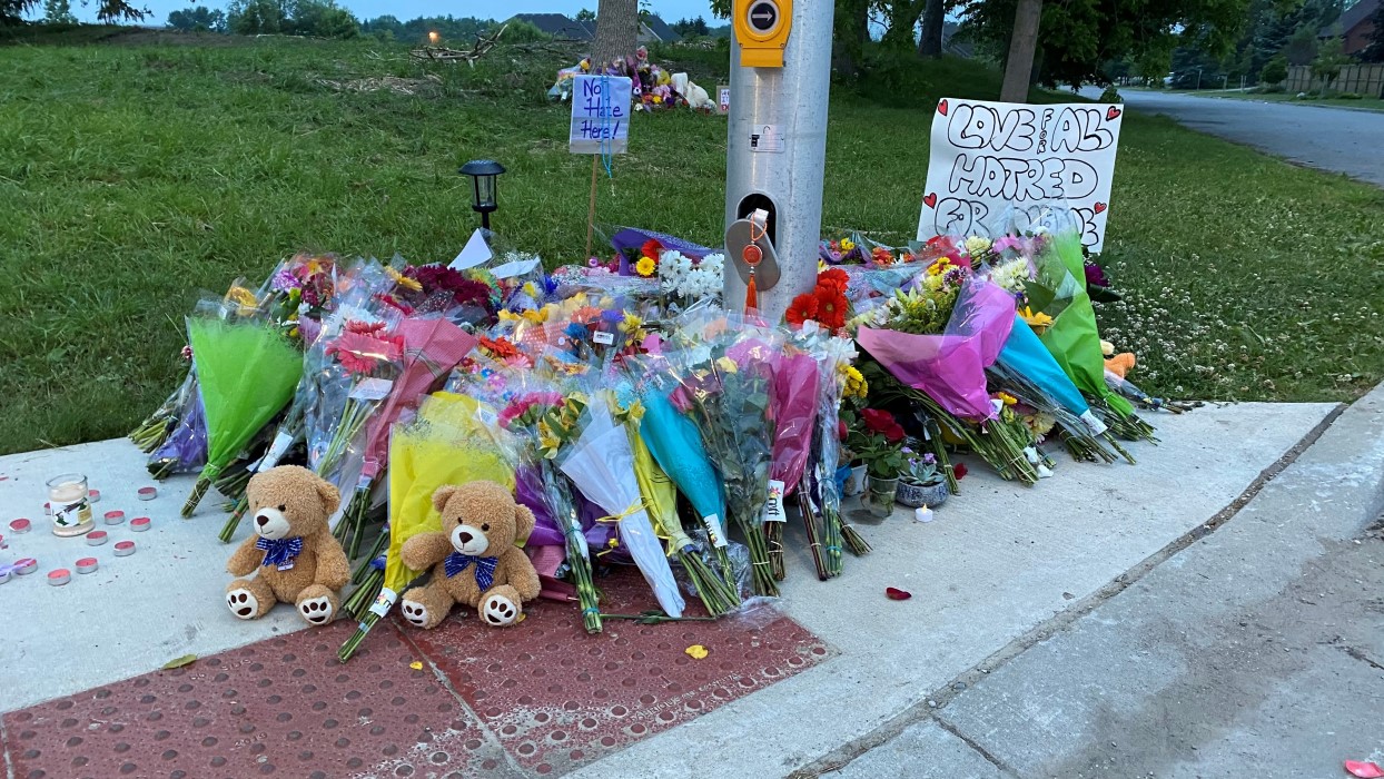 Flowers at a memorial for the victims of the London, Ontario attack on a Muslim family